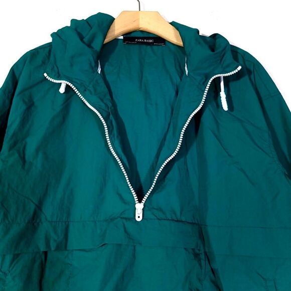NEW Zara 90s Oversized Nylon Windbreaker Hoodie Quarter Zip Jacket in Teal Small - Picture 4 of 12